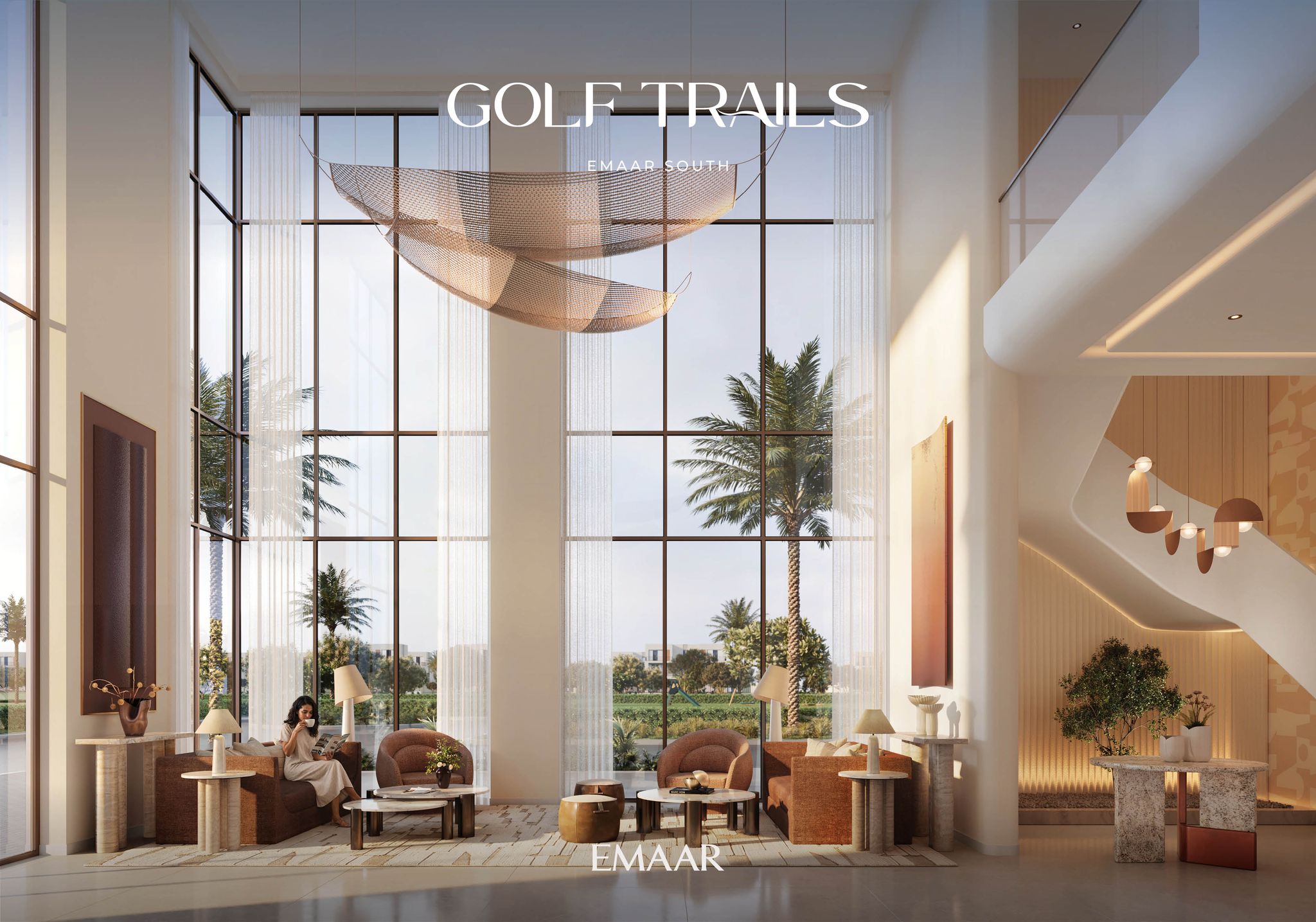 Street view of the Golf Trails townhouse rows at Emaar South