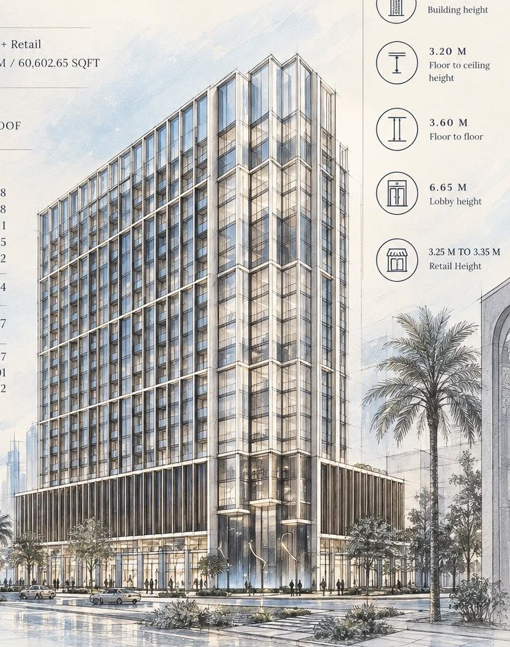 Binghatti Starfall tower in Al Jaddaf, Dubai, a 14 floor residential and retail building with Dubai Creek and the city skyline behind